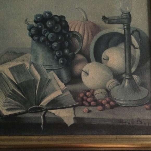 Vintage Henk Bos Still life print on board with vintage frame pumpkin grapes - Picture 4 of 6